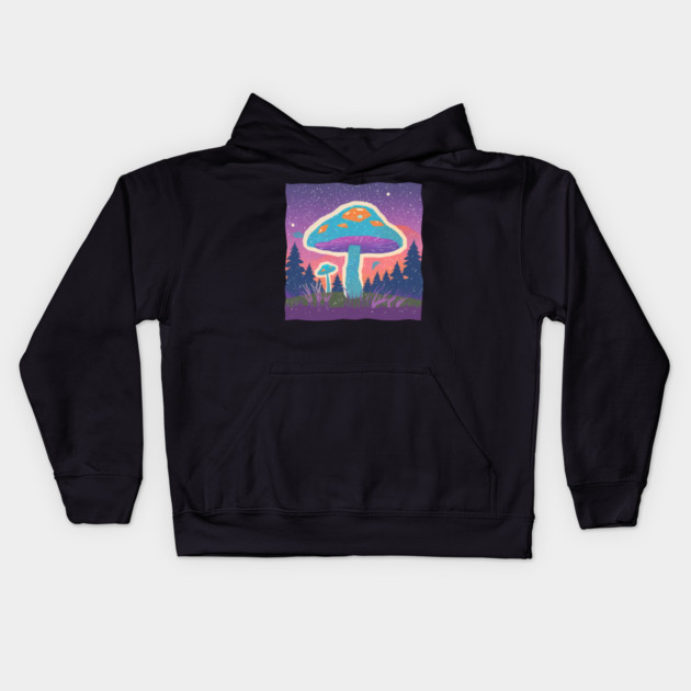 Psychedelic Mushroom Forest - Vibrant Risograph Art Kids Hoodie by TuncGK
