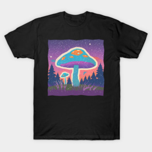 Psychedelic Mushroom Forest - Vibrant Risograph Art T-Shirt