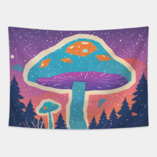 Psychedelic Mushroom Forest - Vibrant Risograph Art Tapestry