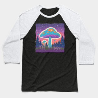 Psychedelic Mushroom Forest - Vibrant Risograph Art Baseball T-Shirt