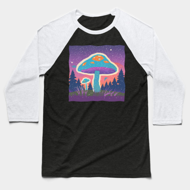 Psychedelic Mushroom Forest - Vibrant Risograph Art Baseball T-Shirt by TuncGK