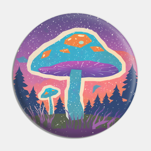 Psychedelic Mushroom Forest - Vibrant Risograph Art Pin by TuncGK