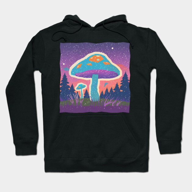 Psychedelic Mushroom Forest - Vibrant Risograph Art Hoodie by TuncGK
