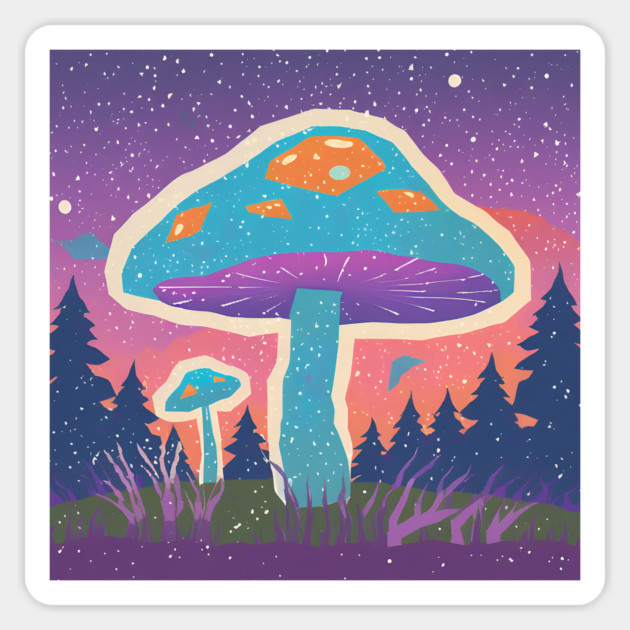Psychedelic Mushroom Forest - Vibrant Risograph Art Magnet by TuncGK