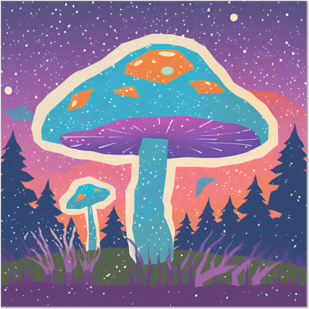 Psychedelic Mushroom Forest - Vibrant Risograph Art Wall Art by TuncGK