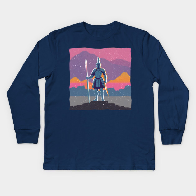 Retro Knight in Armor - Bold Risograph Fantasy Art Kids Long Sleeve T-Shirt by TuncGK