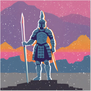 Retro Knight in Armor - Bold Risograph Fantasy Art Posters and Art