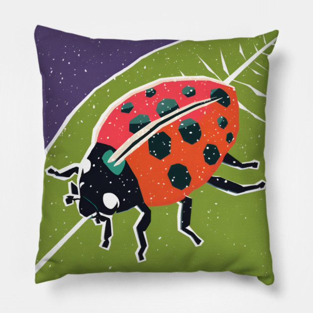 Colorful Ladybug - Vibrant Nature Risograph Art Pillow by TuncGK