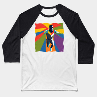 Vibrant Athlete in Motion - Bold Risograph Print Baseball T-Shirt