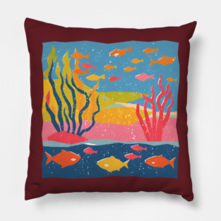 Vibrant Coral Reef - Bold Ocean Risograph Art Pillow