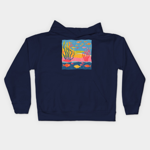 Vibrant Coral Reef - Bold Ocean Risograph Art Kids Hoodie by TuncGK