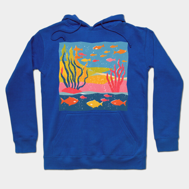 Vibrant Coral Reef - Bold Ocean Risograph Art Hoodie by TuncGK