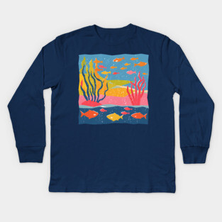 Vibrant Coral Reef - Bold Ocean Risograph Art Kids Long Sleeve T-Shirt