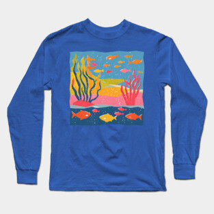 Vibrant Coral Reef - Bold Ocean Risograph Art Long Sleeve T-Shirt