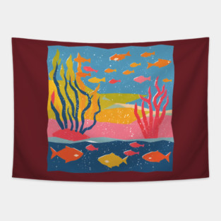 Vibrant Coral Reef - Bold Ocean Risograph Art Tapestry