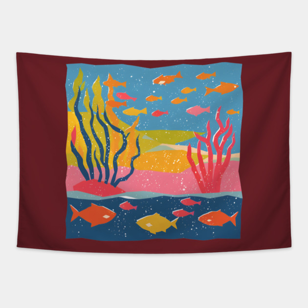Vibrant Coral Reef - Bold Ocean Risograph Art Tapestry by TuncGK