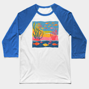Vibrant Coral Reef - Bold Ocean Risograph Art Baseball T-Shirt
