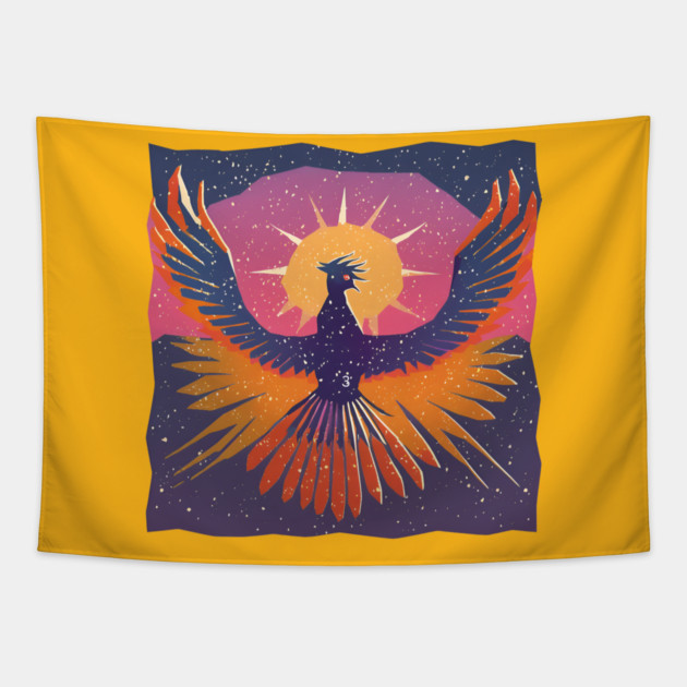 Rising Phoenix - Retro Risograph Fantasy Art Tapestry by TuncGK
