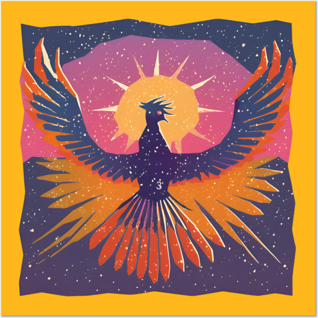 Rising Phoenix - Retro Risograph Fantasy Art Wall Art by TuncGK