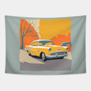 Retro Vintage Car - Vibrant Risograph Design Tapestry