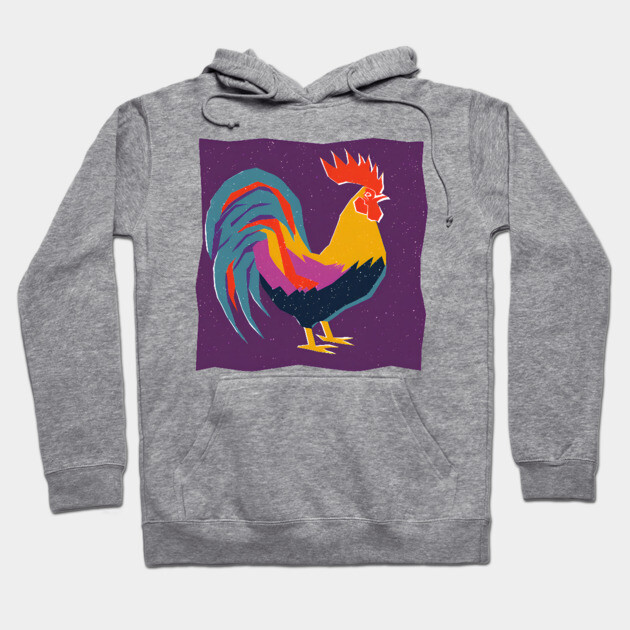 Vibrant Rooster Risograph Art - Farmhouse Decor Hoodie by TuncGK