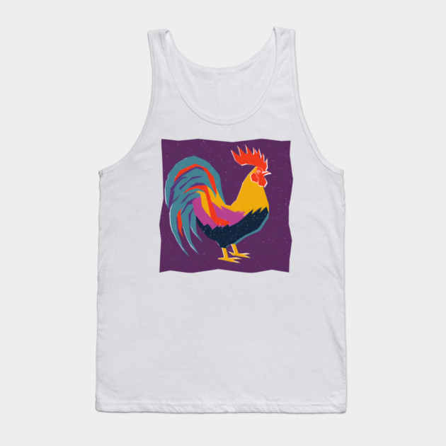 Vibrant Rooster Risograph Art - Farmhouse Decor Tank Top by TuncGK