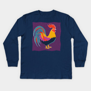 Vibrant Rooster Risograph Art - Farmhouse Decor Kids Long Sleeve T-Shirt