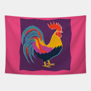 Vibrant Rooster Risograph Art - Farmhouse Decor Tapestry
