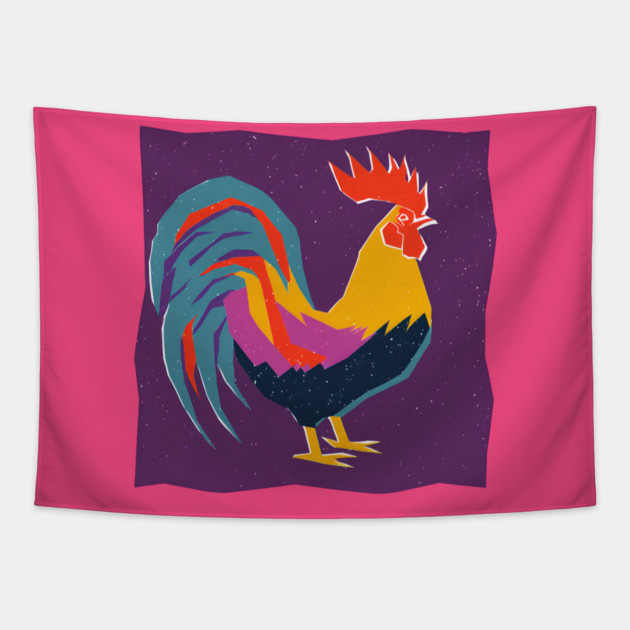Vibrant Rooster Risograph Art - Farmhouse Decor Tapestry by TuncGK