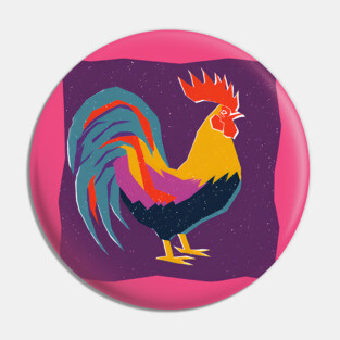 Vibrant Rooster Risograph Art - Farmhouse Decor Pin