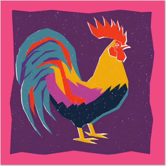 Vibrant Rooster Risograph Art - Farmhouse Decor Wall Art by TuncGK