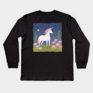 Enchanted Unicorn - Vibrant Fantasy Risograph Art Kids Long Sleeve T-Shirt