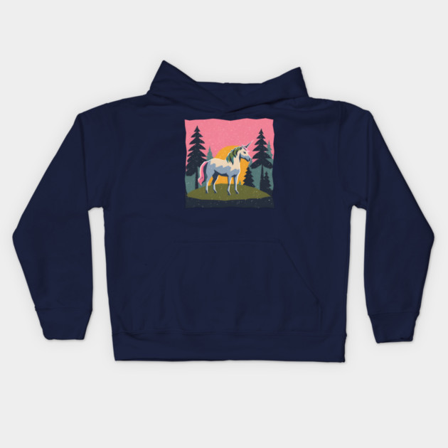 Mystical Unicorn in the Forest - Bold Risograph Print Kids Hoodie by TuncGK