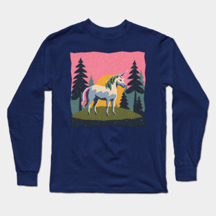 Mystical Unicorn in the Forest - Bold Risograph Print Long Sleeve T-Shirt