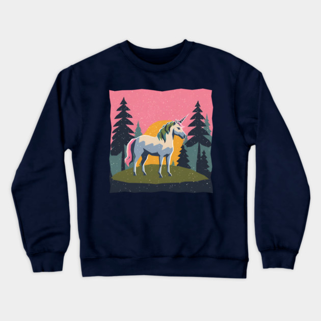 Mystical Unicorn in the Forest - Bold Risograph Print Crewneck Sweatshirt by TuncGK