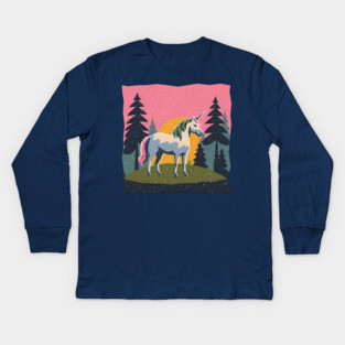Mystical Unicorn in the Forest - Bold Risograph Print Kids Long Sleeve T-Shirt