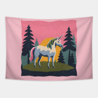 Mystical Unicorn in the Forest - Bold Risograph Print Tapestry