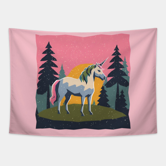 Mystical Unicorn in the Forest - Bold Risograph Print Tapestry by TuncGK