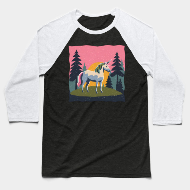 Mystical Unicorn in the Forest - Bold Risograph Print Baseball T-Shirt by TuncGK