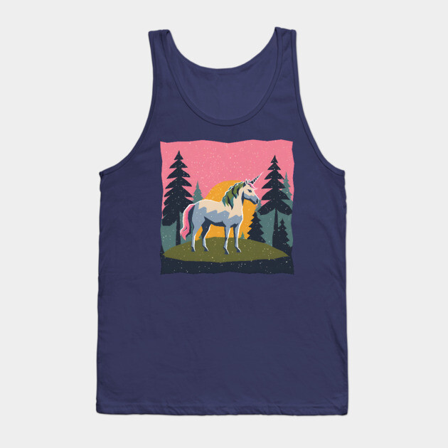 Mystical Unicorn in the Forest - Bold Risograph Print Tank Top by TuncGK