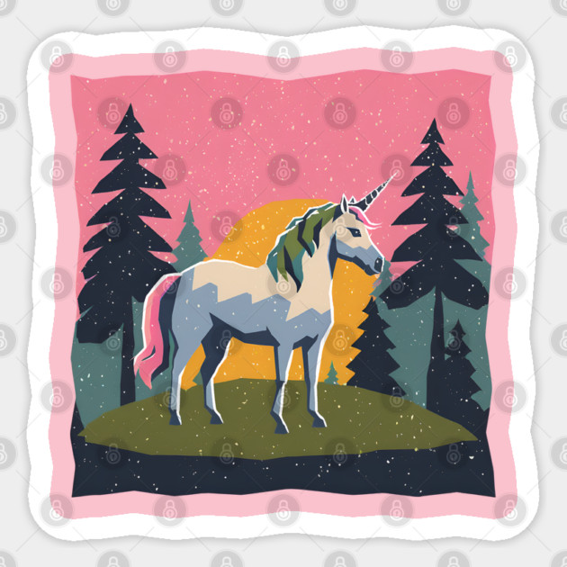 Mystical Unicorn in the Forest - Bold Risograph Print Sticker by TuncGK