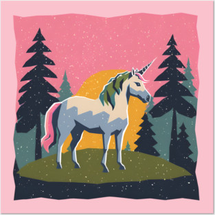 Mystical Unicorn in the Forest - Bold Risograph Print Posters and Art