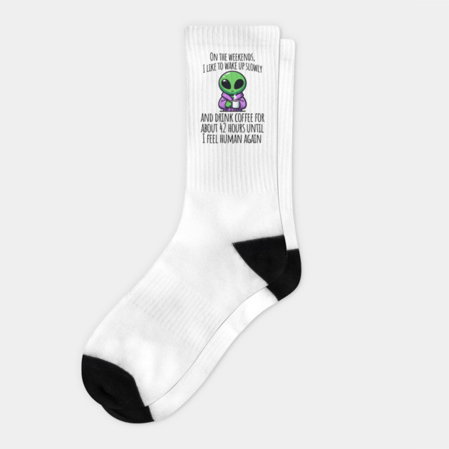 Funny Coffee Drinking Little Green Alien design Socks by Luxinda