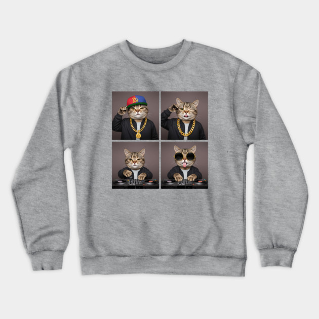 Hip-Hop Cat Photo Poses Photo Collage Crewneck Sweatshirt by UrbanLifeApparel