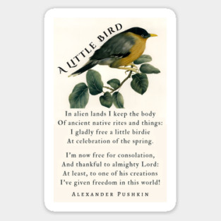A Little Bird by Alexander Pushkin: In alien lands I keep the body Of ancient native rites and things: I gladly free a little birdie At celebration of the spring. Sticker