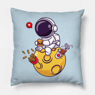 Cute Astronaut Eating Burger With French Fries And Soda On  Moon In Space Cartoon Pillow