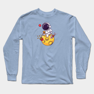 Cute Astronaut Eating Burger With French Fries And Soda On  Moon In Space Cartoon Long Sleeve T-Shirt