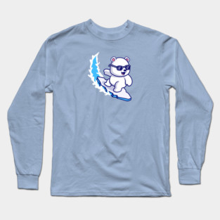 Cute Polar Bear Surfing With Glasses On Ice Cartoon Long Sleeve T-Shirt