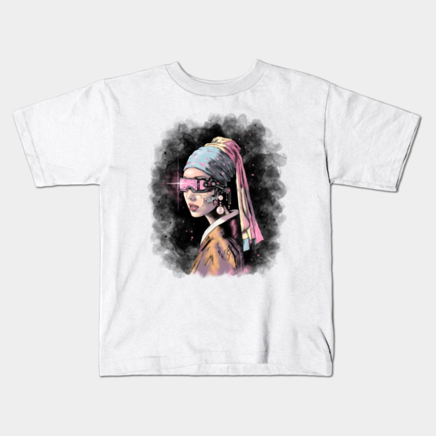Cyber-Girl with a Pearl Earring Kids T-Shirt by H. R. Sinclair