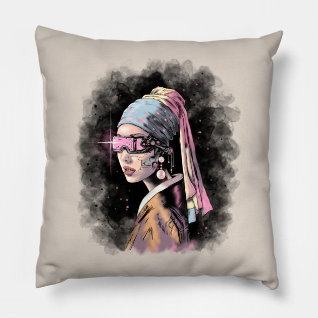 Cyber-Girl with a Pearl Earring Pillow by H. R. Sinclair